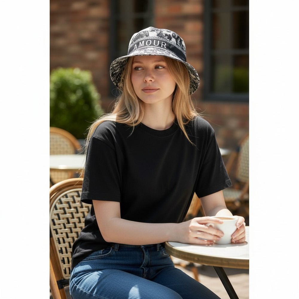 Amour Graphic Toile Print Bucket Hat Black White CH-5233 Streetwear Sun Hat